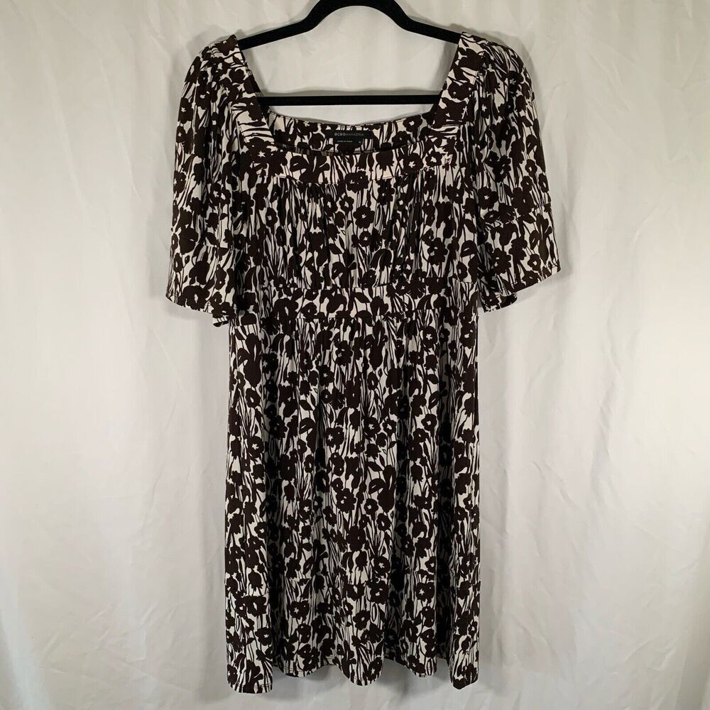 BCBGMaxazria Mini Dress Women's Medium Brown Floral Square Neck Short Sleeve